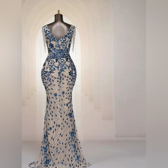 Blue, Floral Print, V Neck,  Beaded Draped Sleeves,  Sequined Mermaid Go… - Picture 8 of 12